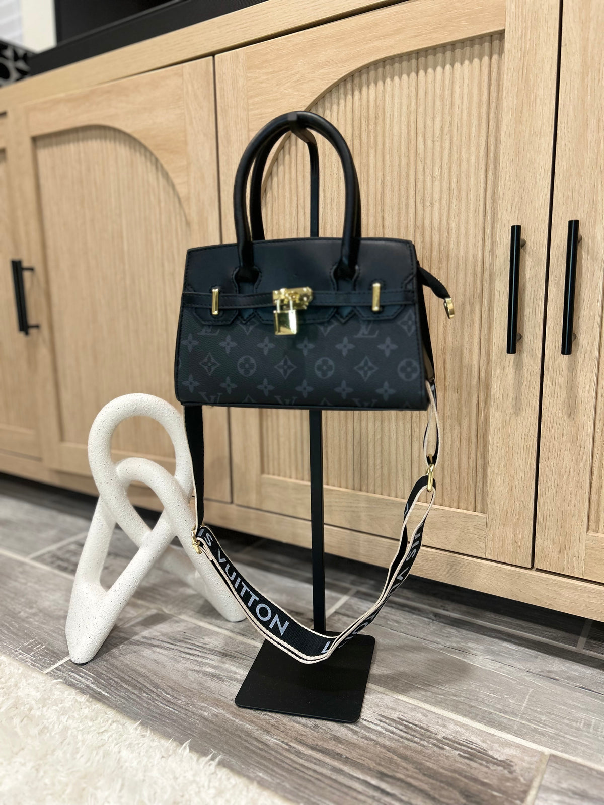Chic Black Monogram Satchel with Detachable Crossbody Strap