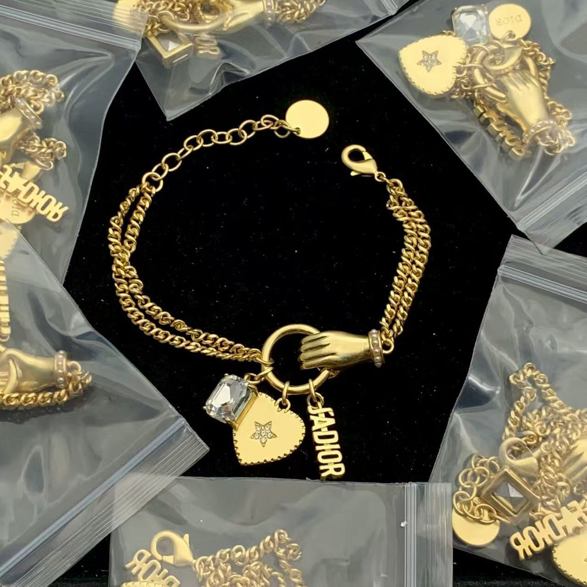 Charming Hand & Heart Double Chain Gold-Tone Bracelet