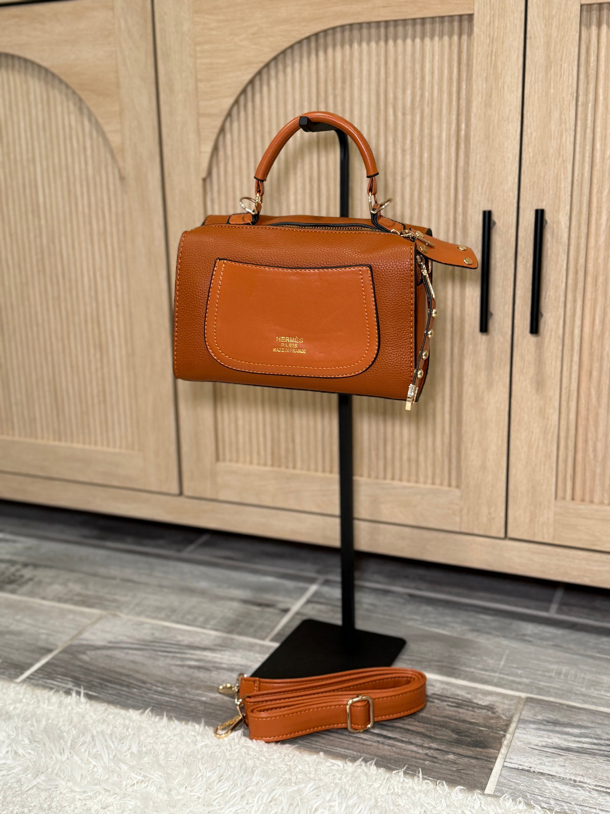 Chic Cognac Faux Leather Top-Handle Satchel with Detachable Strap