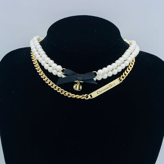 Luxury Faux Pearl & Gold-Tone Chain Layered Choker Necklace with Bow Charm