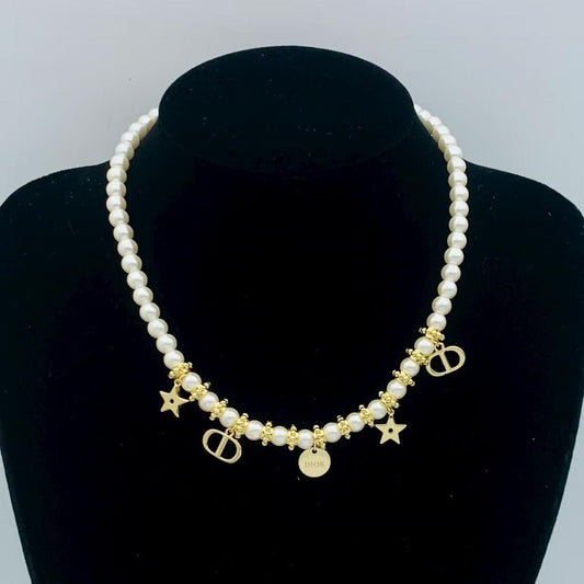 Luxury Faux Pearl Choker Necklace with Gold-Tone Star and Oval Charm Accents
