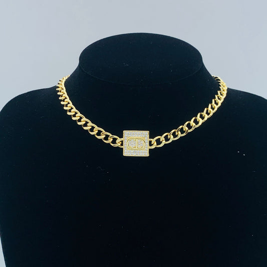 Chunky Gold Chain Choker with Crystal Pave Square Pendant