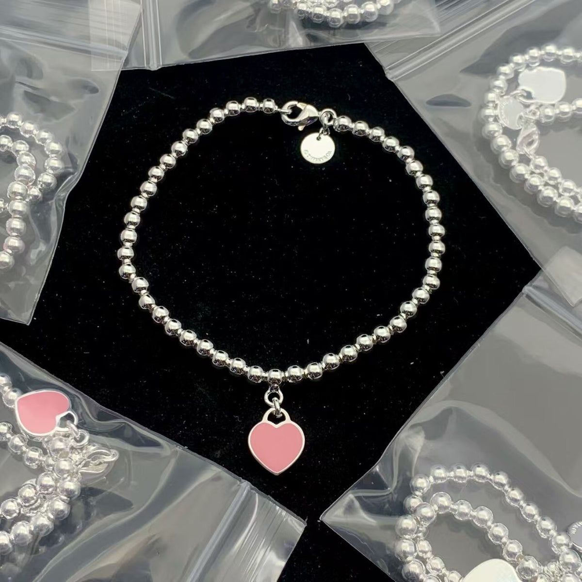 Beaded Ball Chain Bracelet with Pink Enamel Heart Charm