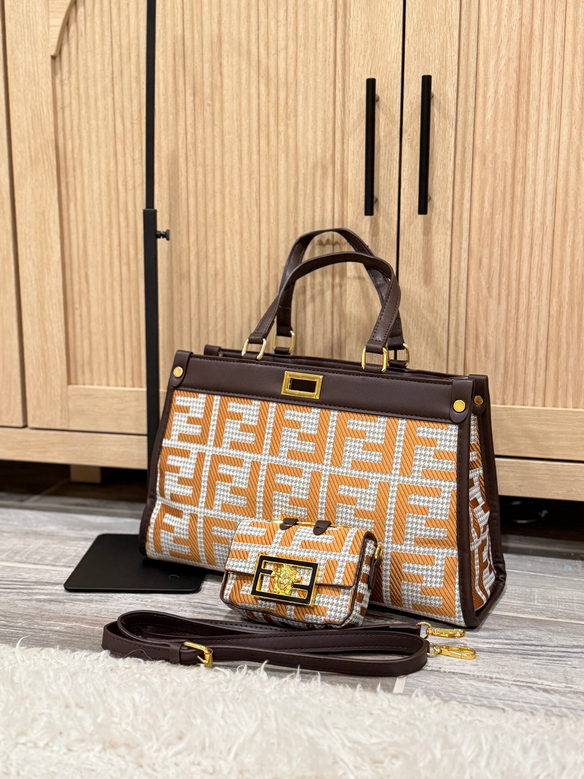 Genuine Leather Elegant Logo Tote with Mini Wallet