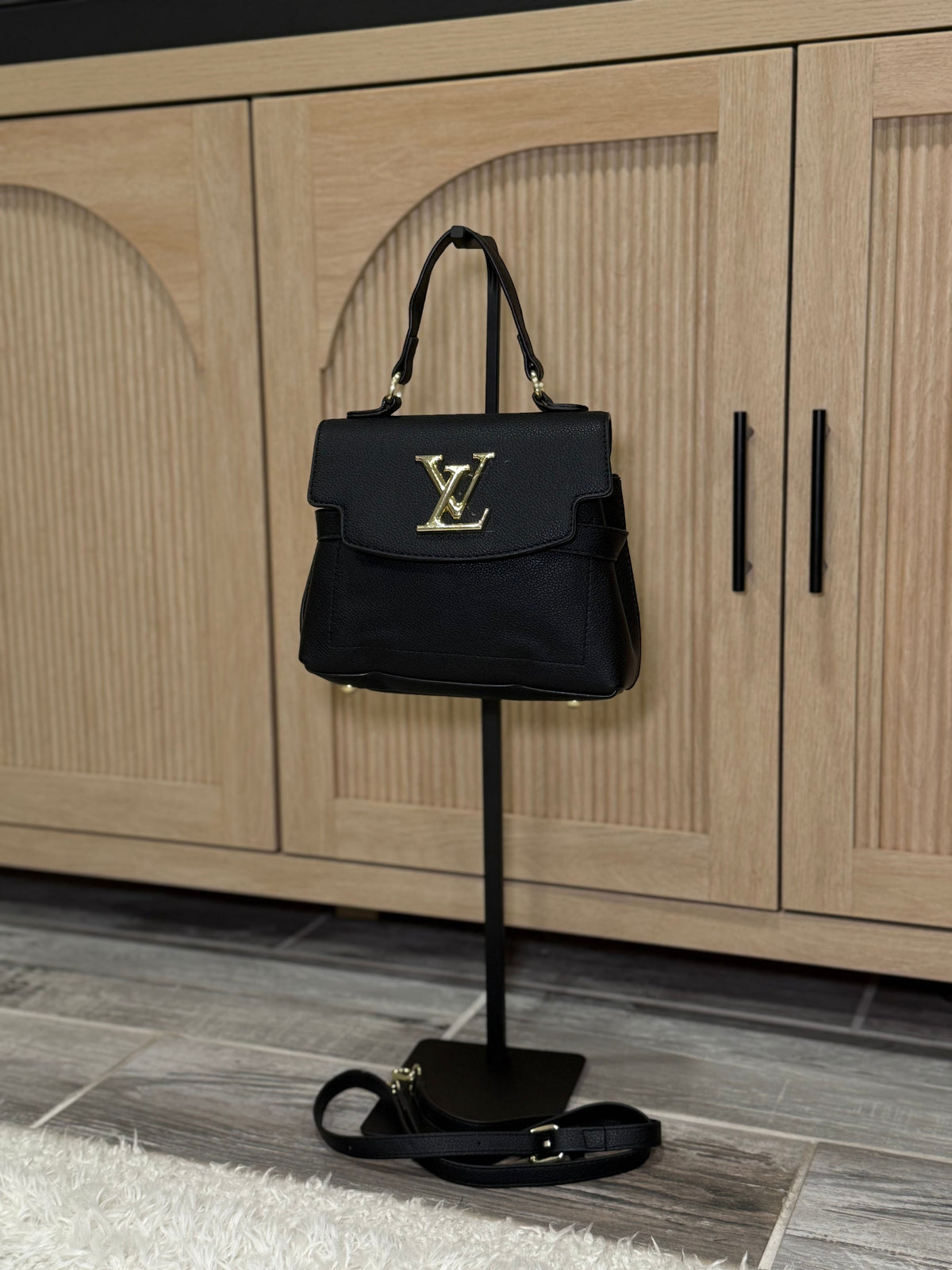 Elegant Black Textured Leather Top-Handle Bag with Gold-Tone Hardware