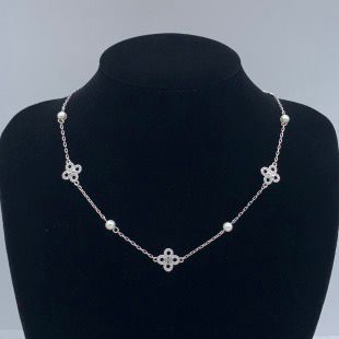 Lucky Clover and Faux Pearl Delicate Dainty Chain Necklace