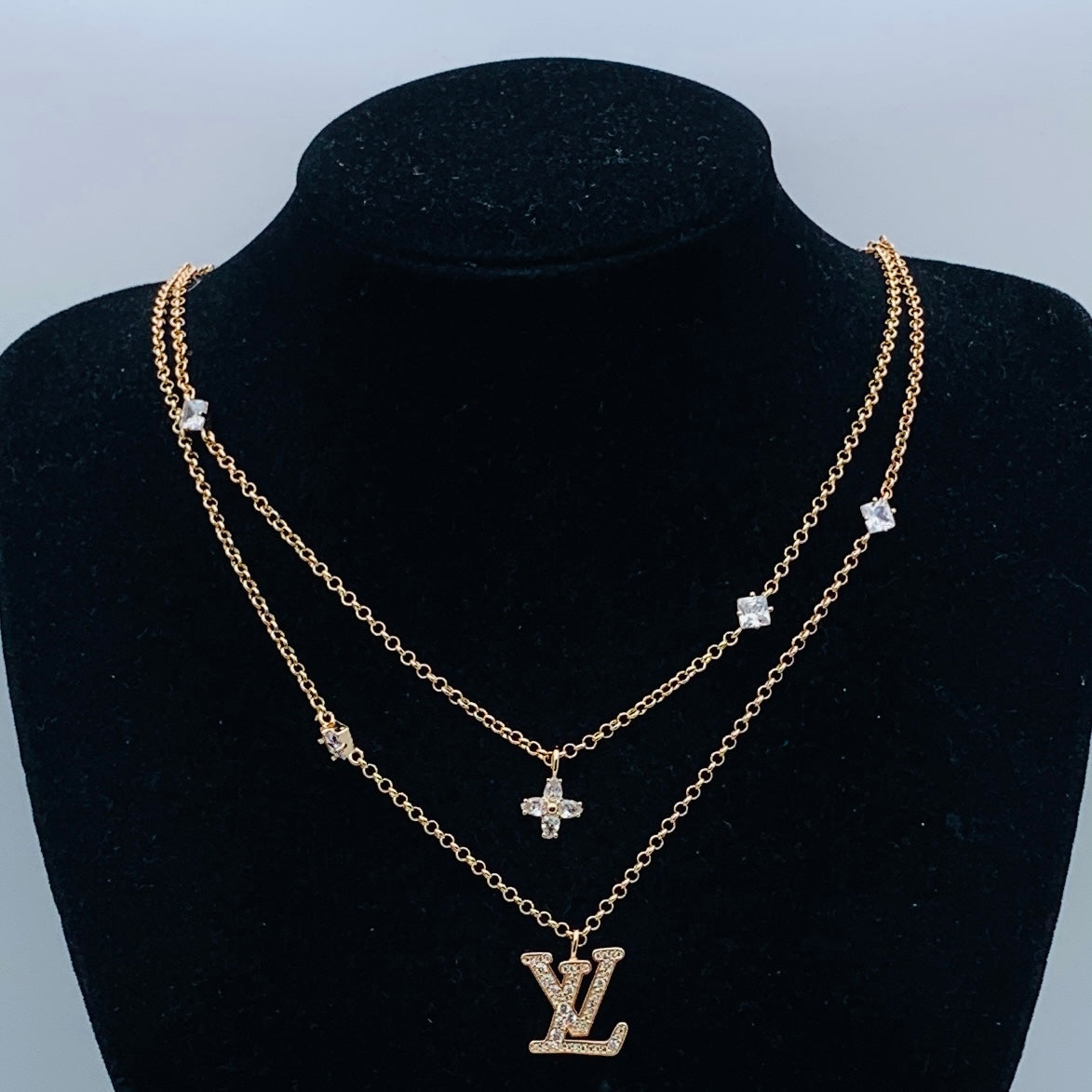 Dazzling Pave Initial Double Chain Statement Necklace