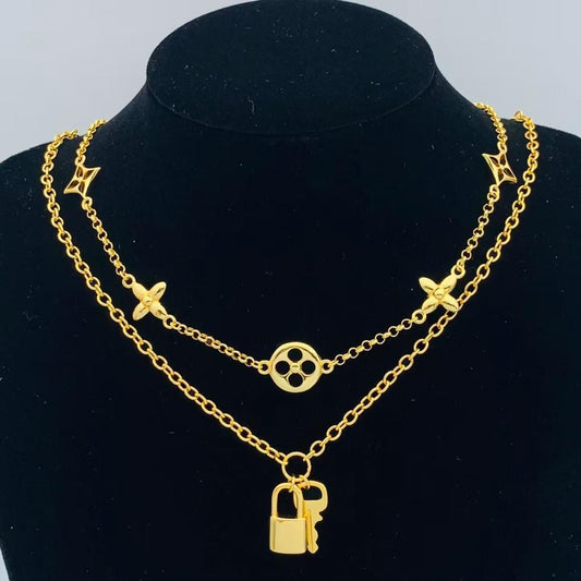 Chic Layered Gold-Tone Necklace with Lock and Key Charms